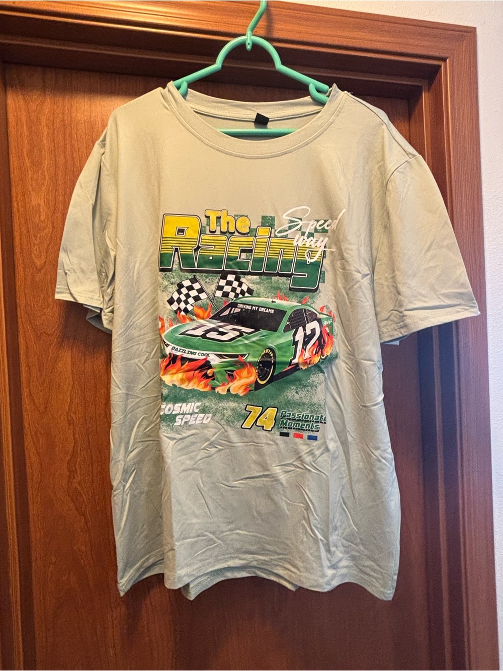 NFINITY Light Sage Green Racing Graphic Tee with Multicolor Print